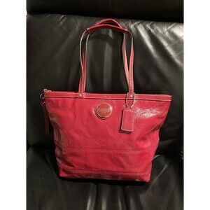 COACH Red Patent Leather Signature Stitch Purse Tote + Wrist Strap.